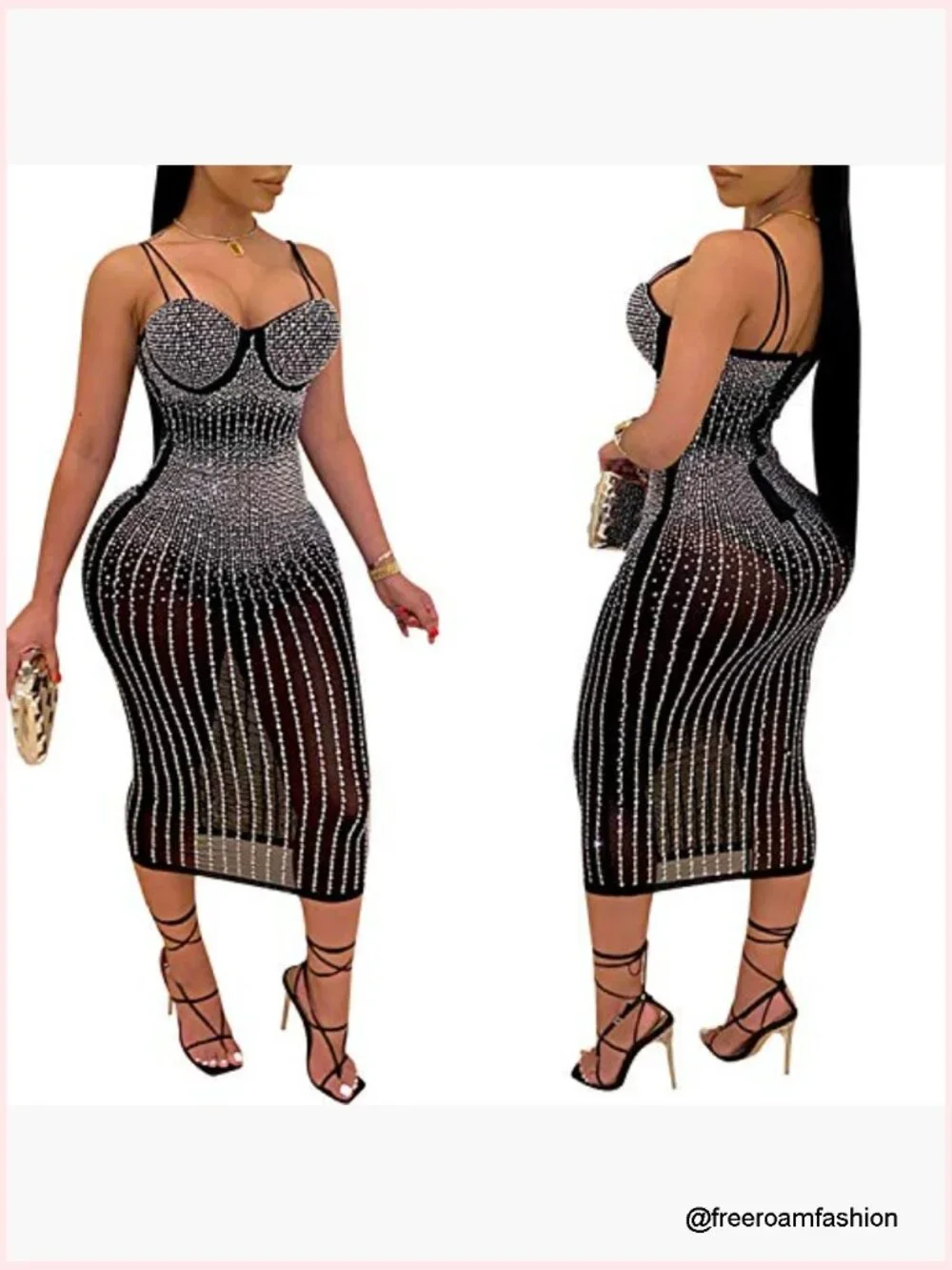 Long Sleeve Birthday Dress Sexy Rhinestone Bodycon Midi Dress - Picture 3 of 6